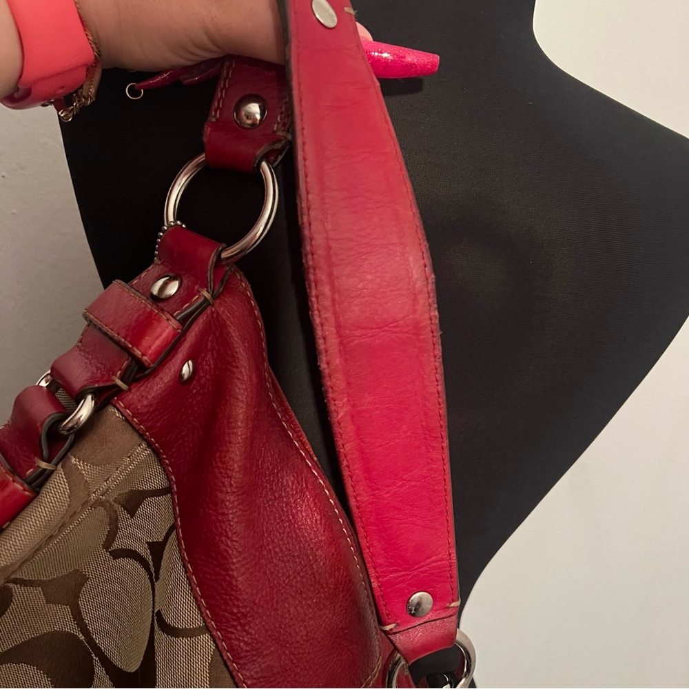 Coach F12674 Zoe Signature C Khaki Jacquard Red Leather Hobo Shoulder Bag - Picture 13 of 16